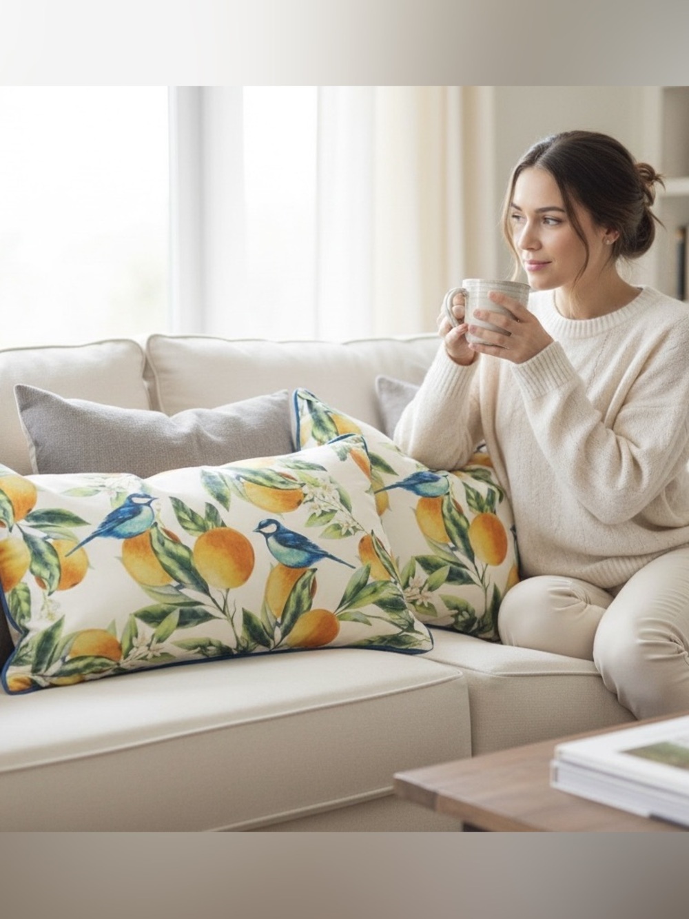 Set of 2 Blue Bird & Orange Print Lumbar Pillows